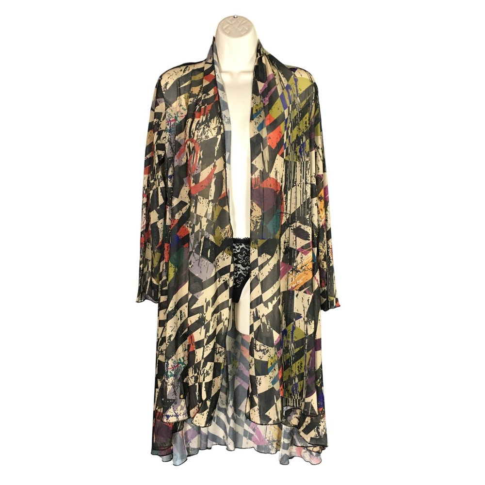 Kozan XS Sheer Mesh Midi‎ Duster Cardigan Abstract Geometric Print Open Front